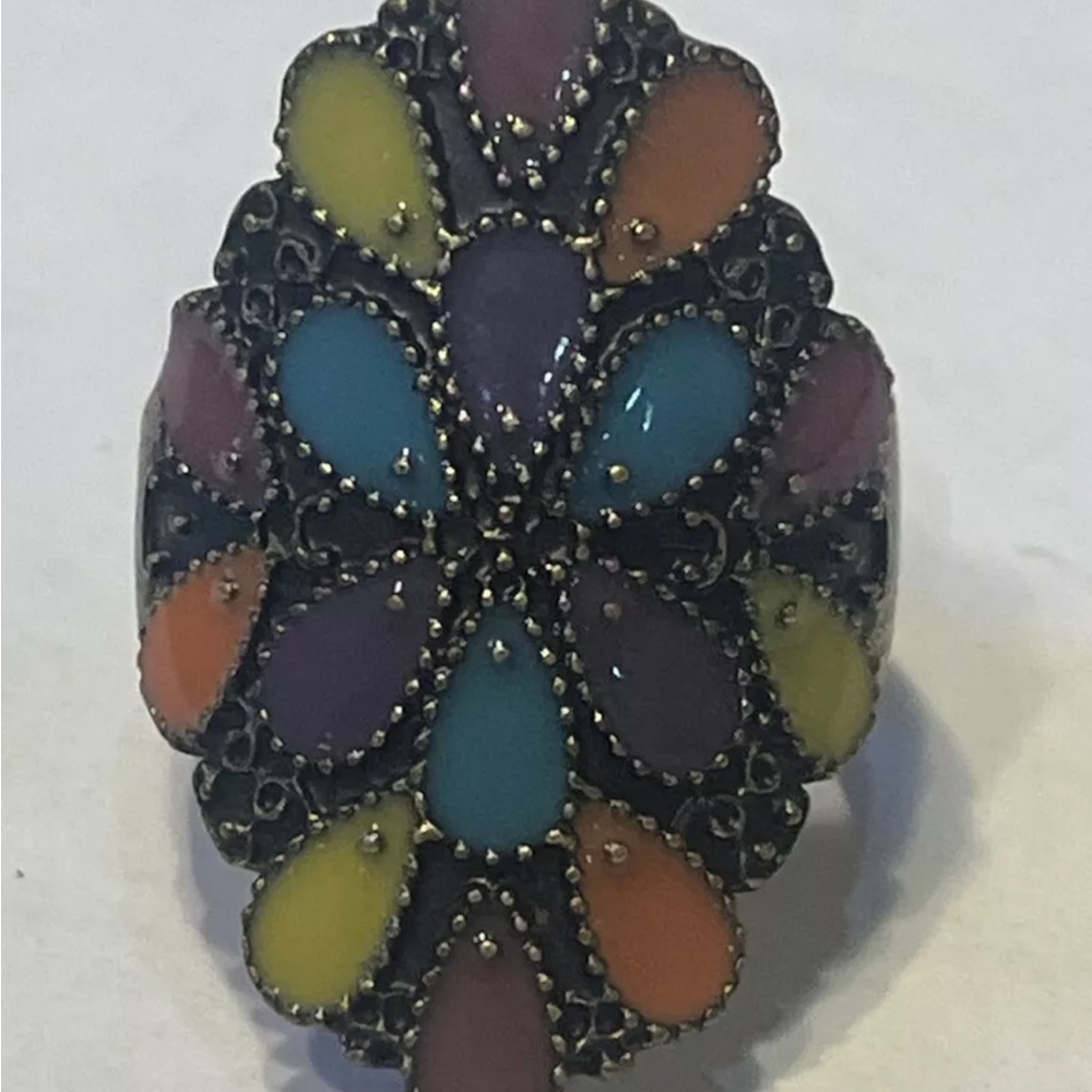 Brass tone Colorful peacock feather Ring 7